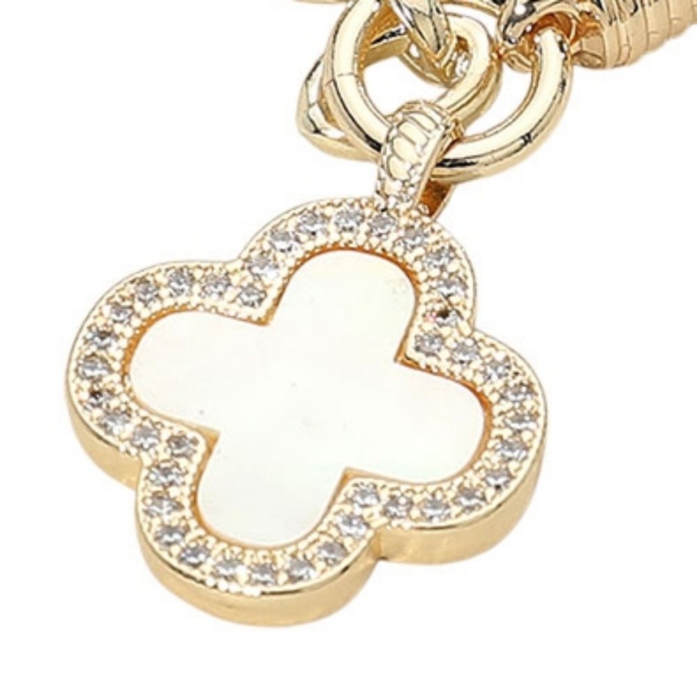 Two Tone 14K Pearl CZ Stone Quatrefoil Pendant Chain Dangle Charm Bracelet Gold - Picture 2 of 3